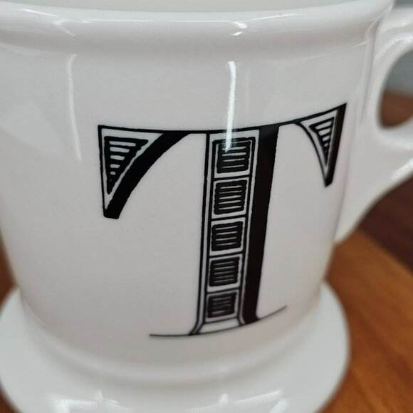 Anthropologie Monogram Mug T Initial White Black Ceramic Footed Coffee Tea Cocoa - Picture 7 of 10